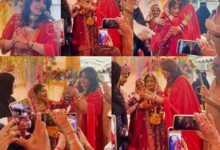 Raveena Tandon gifts gold bangles to bride during a mass wedding ceremony