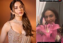 Rakul flaunts happy face as husband Jackky Bhagnani brings flowers