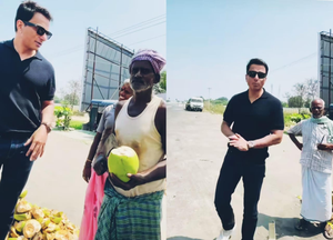 Sonu Sood gets unique welcome at Chennai coconut water stall