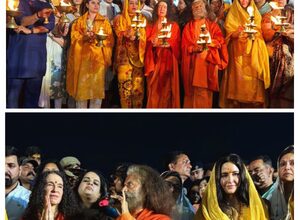 Katrina Kaif and Raveena Tandon attend the ‘Ganga Aarti’ during Maha Kumbh