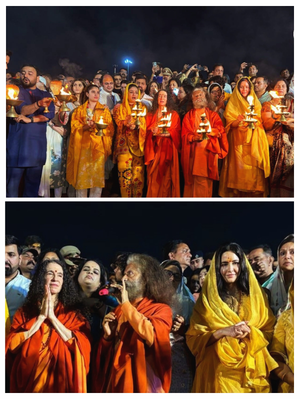 Katrina Kaif and Raveena Tandon attend the ‘Ganga Aarti’ during Maha Kumbh