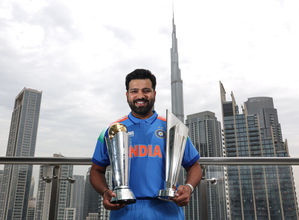 Rohit Sharma poses with his two ICC silverware in Dubai after Champions Trophy triumph