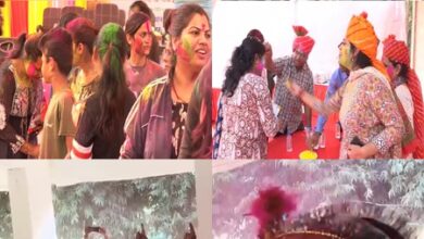 Police officers celebrate Holi with enthusiasm in Bhopal, Ballia