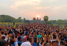 Tourists gather at Cambodia’s Angkor Wat to watch equinox sunrise