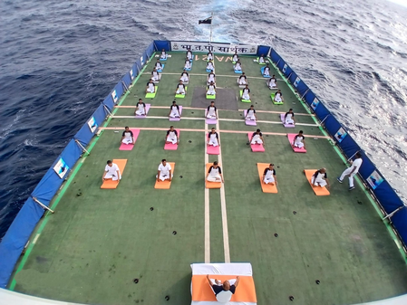 Personnel onboard ICG Ship Sarthak hold meditation session at Saudi Arabia’s King Abdulaziz Port