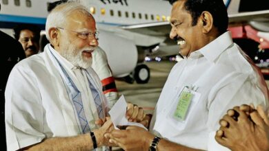 PM Modi arrives in Tiruchirappalli in traditional Tamil attire