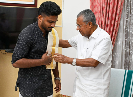 Sanju Samson felicitated by Kerala CM Pinarayi Vijayan after T20 WC win