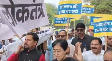 AAP MLAs stage protest outside Delhi Assembly against suspension of 4 legislators AAP MLAs stage protest outside Delhi Assembly against suspension of 4 legislators