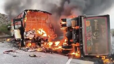14 killed as bus catches fire after colliding with tipper truck in Andhra Pradesh