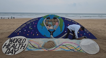 World Health Day: Striking sand sculpture at Puri Beach salutes frontline workers World Health Day: Striking sand sculpture at Puri Beach salutes frontline workers
