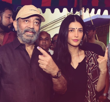 Kamal Haasan and Shruti Haasan cast their vote, flaunt inked fingers