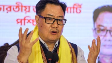Kiren Rijiju gives a lesson on Parliamentary practices to Trinamool MP Sagarika Ghosh on Tagore b’day event