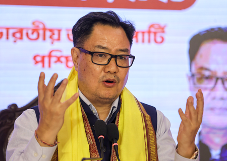 Kiren Rijiju gives a lesson on Parliamentary practices to Trinamool MP Sagarika Ghosh on Tagore b’day event