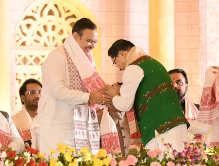 Bhajan Lal Sharma congratulates Himanta Biswa Sarma on taking oath as Assam Chief Minister