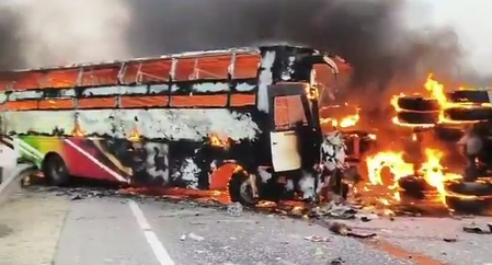 Four killed as bus catches fire after collision with tanker in Gujarat