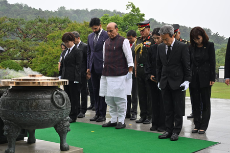 Defence Minister Rajnath Singh pays homage to Korean war heroes at National Cemetery in Seoul