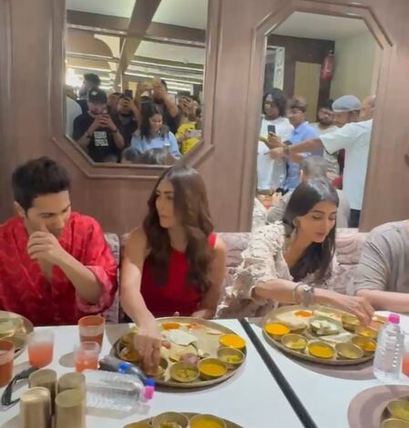 Varun Dhawan feeds Mrunal Thakur & Pooja Hegde as the three enjoy a delicious thali in Ahmedabad