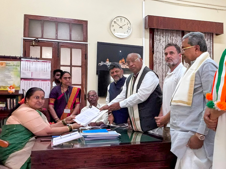 Mallikarjun Kharge files Rajya Sabha nomination, Rahul Gandhi, CM Shivakumar present (Lead)