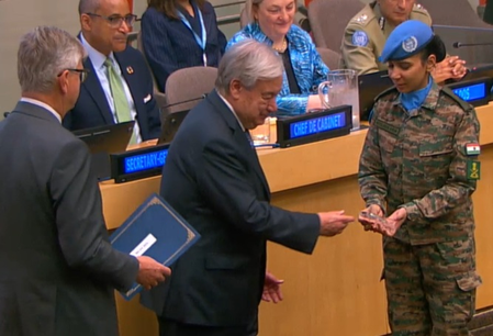 Indian woman combat helicopter pilot receives UN peacekeeping award
