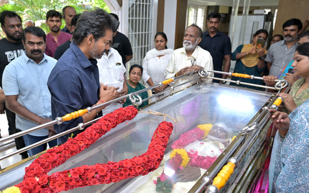 TN Chief Minister Vijay pays homage to legendary Tamil film director Bharathiraja TN Chief Minister Vijay pays homage to legendary Tamil film director Bharathiraja