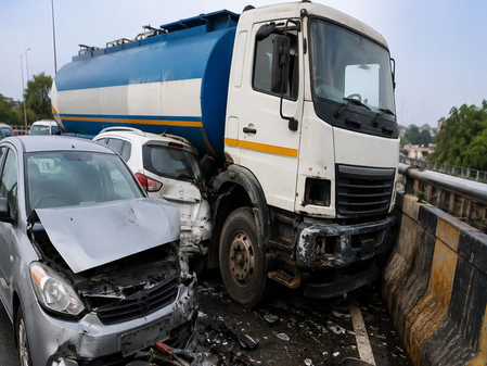 Four injured as Civic tanker runs amok on Indore bridge; brake failure suspected Four injured as Civic tanker runs amok on Indore bridge; brake failure suspected