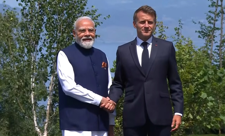 G7 Summit: PM Modi receives warm welcome from French President Macron G7 Summit: PM Modi receives warm welcome from French President Macron