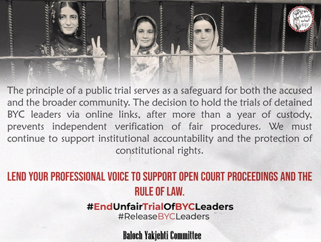 Rights group condemns ‘faceless’ trials of Baloch Yakjehti Committee leaders Rights group condemns ‘faceless’ trials of Baloch Yakjehti Committee leaders