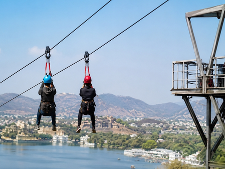 Two tourists stranded mid-air on Udaipur zip-line rescued safely Two tourists stranded mid-air on Udaipur zip-line rescued safely