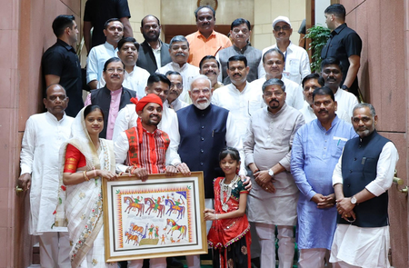 PM Modi meets Gujarat BJP tribal leaders at Parliament as Monsoon Session begins PM Modi meets Gujarat BJP tribal leaders at Parliament as Monsoon Session begins