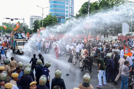 Raj police use water cannons to stop protestors as BJP marches to Congress HQ; INC announces counter-march Raj police use water cannons to stop protestors as BJP marches to Congress HQ; INC announces counter-march