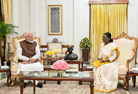 PM Narendra Modi calls on President Droupadi Murmu at Rashtrapati Bhavan