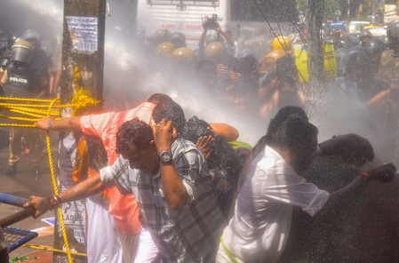 Water cannons used on Karni Sena protesters in Jaipur as demonstrators remove barricades Water cannons used on Karni Sena protesters in Jaipur as demonstrators remove barricades