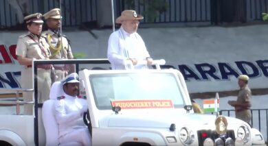 Amit Shah presents presidential colours to Puducherry Police Amit Shah presents presidential colours to Puducherry Police
