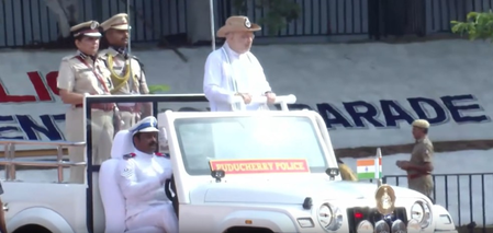Amit Shah presents presidential colours to Puducherry Police Amit Shah presents presidential colours to Puducherry Police