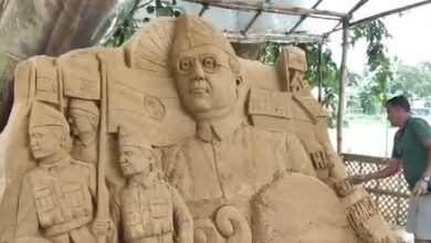 Tripura sand artist creates Netaji-themed sculpture to promote ‘Har Ghar Tiranga’ campaign