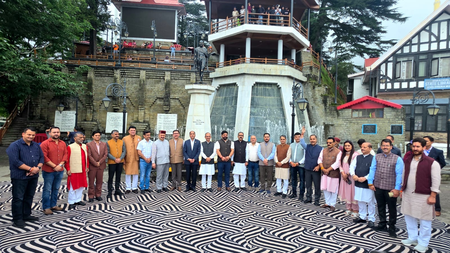 BJP lawmakers sing Vande Mataram before Mahatma Gandhi’s statue in Shimla BJP lawmakers sing Vande Mataram before Mahatma Gandhi’s statue in Shimla