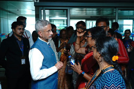 Rescued from Nepal floods, 21 pilgrims from Tamil Nadu received by EAM Jaishankar at Delhi airport Rescued from Nepal floods, 21 pilgrims from Tamil Nadu received by EAM Jaishankar at Delhi airport