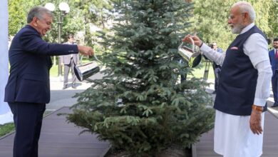 PM Modi, Uzbek President Mirziyoyev plant tree at Presidential Palace in Tashkent PM Modi, Uzbek President Mirziyoyev plant tree at Presidential Palace in Tashkent