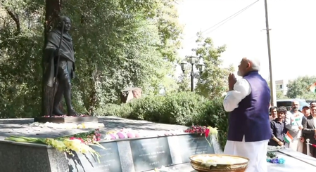 PM Modi pays tribute to Mahatma Gandhi in Kyrgyzstan, interacts with Indian community members PM Modi pays tribute to Mahatma Gandhi in Kyrgyzstan, interacts with Indian community members