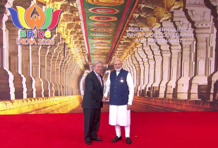 PM Modi welcomes leaders at Bharat Mandapam on 2nd day of BRICS Summit PM Modi welcomes leaders at Bharat Mandapam on 2nd day of BRICS Summit