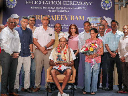 KSLTA felicitates tennis legend Rajeev Ram in Bengaluru KSLTA felicitates tennis legend Rajeev Ram in Bengaluru