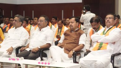 Nitin Nabin listens to ‘Mann Ki Baat’ with party workers at Biswa Bangla Convention Centre in Bengal