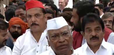 INDIA bloc leaders marching towards Rajghat; Kharge, Rahul Gandhi accuse Centre of undermining democratic rights