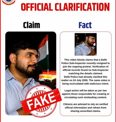 Delhi Police debunk social media video of ‘Sub-Inspector’ who quit to join CJP protest Delhi Police debunk social media video of ‘Sub-Inspector’ who quit to join CJP protest
