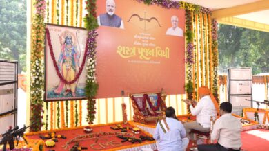 Gujarat CM performs traditional ‘Shastra Puja’, stresses duty and righteous action Gujarat CM performs traditional ‘Shastra Puja’, stresses duty and righteous action